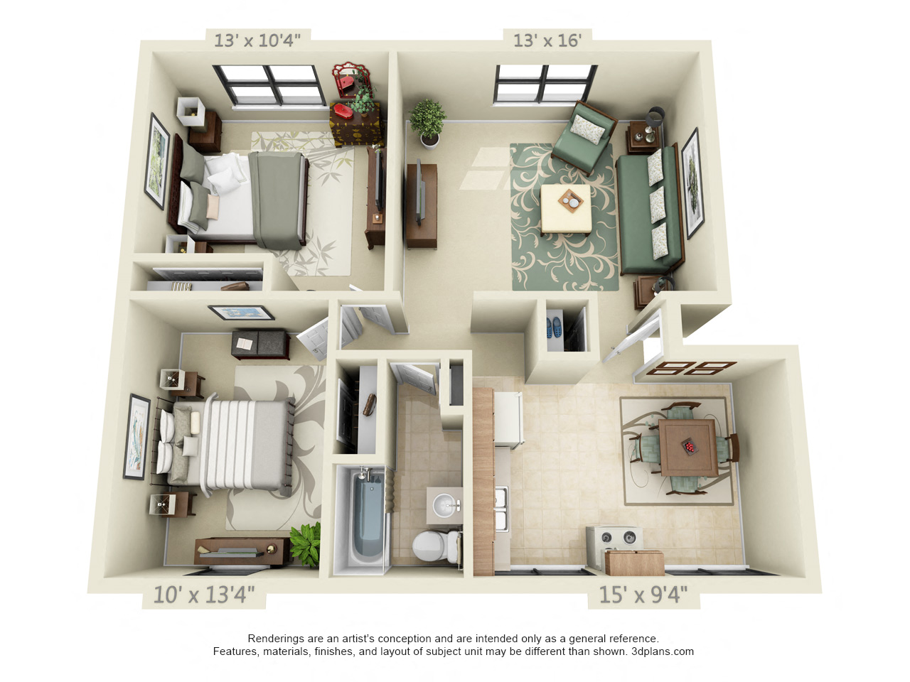 Floor plan for 2 beds, 1 bath, 837 sqft
